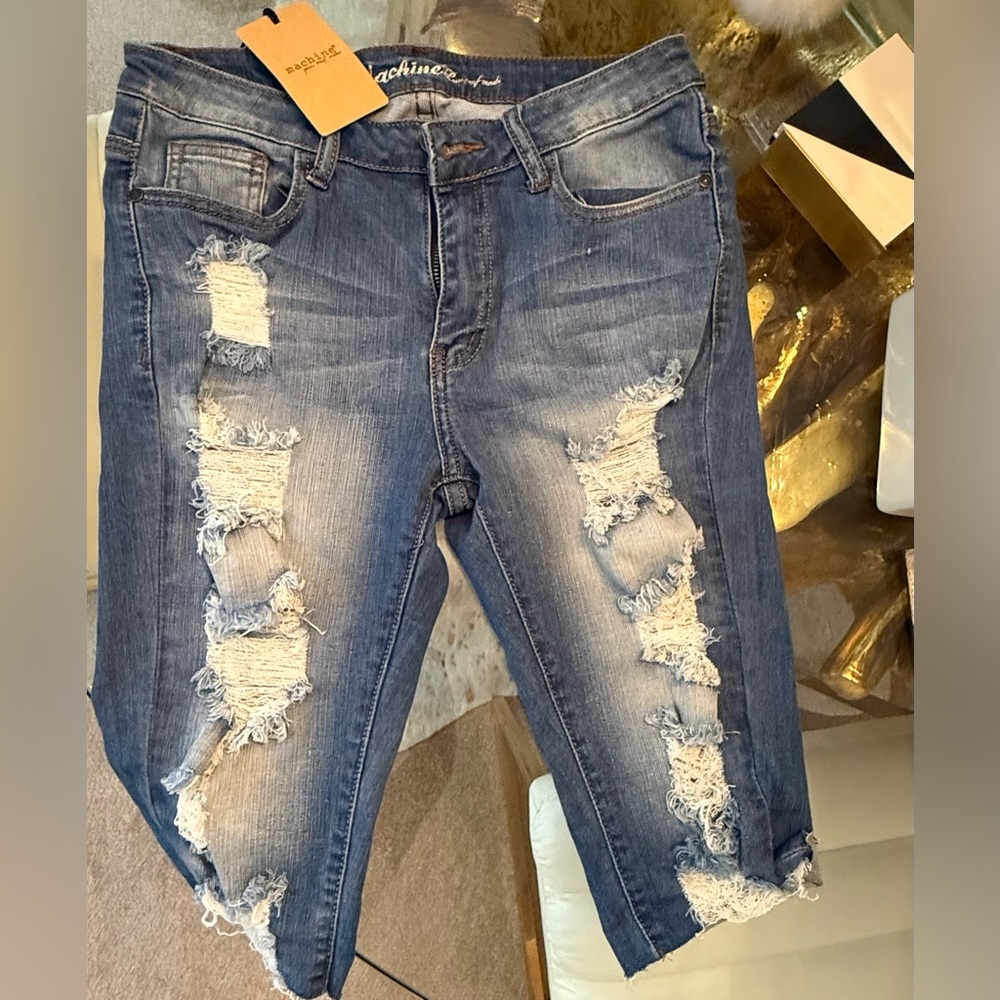 Machine Blue Ankle Cropped Jeans with Distressed Design Sz L New